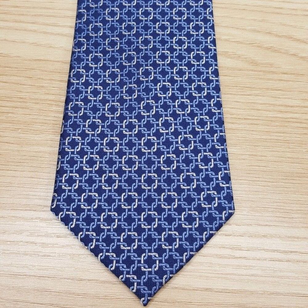BLOOMINGDALES MENS STORE Neck Tie Blue Geo Square Link 100% Silk Classic Necktie